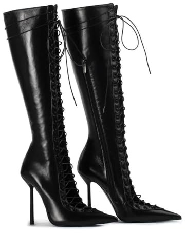 SYJYM - Stivali alti al ginocchio da donna, con lacci, tacco alto a stiletto, a punta, in denim, larghi, sopra il ginocchio, Nero , 38 EU
