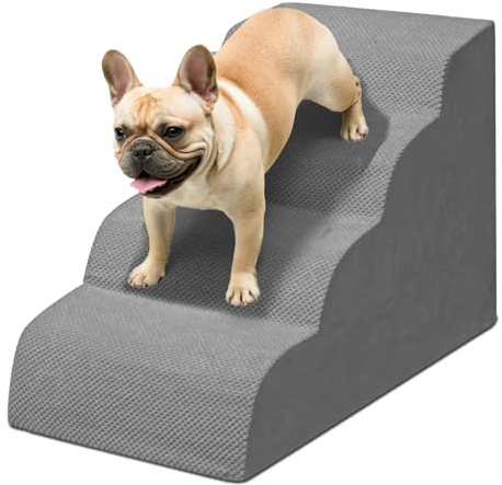 Niubya Scala per Cani e Gatti Piccoli, 4 Gradini 52 cm, Schiuma 30D, Antiscivolo, Fodera Lavabile, Ideale per Divano/Letto, Animali Anziani o Mobilità Ridotta, Grigio