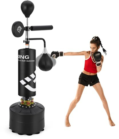 Garvee Sac de Frappe 5 en 1, Sac de Boxe Lourd Hauteur Réglable pour Adultes et Enfants, avec Barre de Relaxation à 360° Cible de Frappe 2 Sacs de Vitesse pour Muay Thai Kickboxing