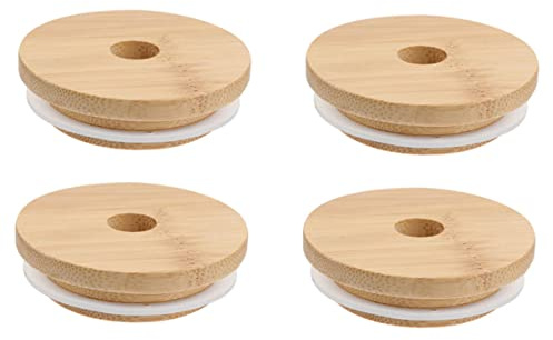 LABRIMP 4 Stück Bambus Glasdeckel mit Deckel für Gläser mit Strohhalmloch Holzdeckel für Einmachgläser Luftdicht und Passend für Glasflaschen als Küchenzubehör