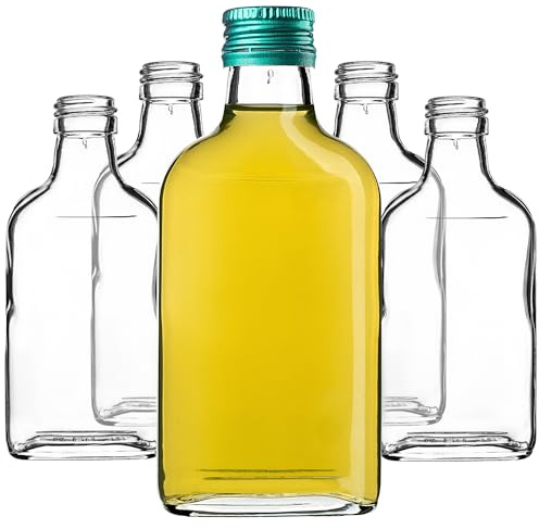 KADAX Lot de 5 gourdes Plates en Verre 200ml – Petites fioles à Bouchon vissant pour liqueurs, alcools & décorations