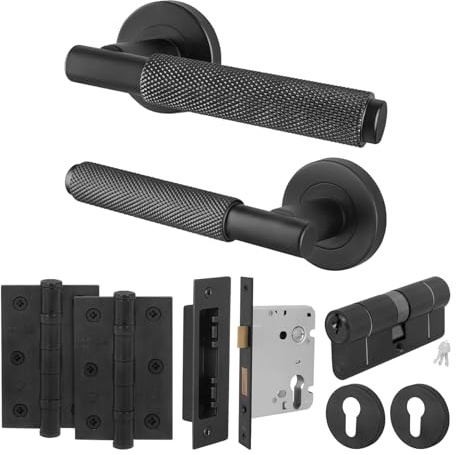 EAI Black Knurled Door Handle Euro Lock Double Cylinder Set, 1 Pair Internal Matt Black Round Rose Door Handles, Locks, Hinges - Dolton