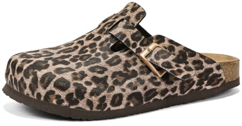 RUNSOON Wildleder Clogs für Damen Herren Leder Pantoletten mit Weiches Kork Fußbett Komfort Kartoffel Schuhe, B Leopard Braun EU43