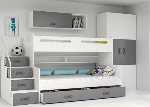 Interbeds Etagenbett Hochbett Stockbett mit Treppe und Stauraum Kinderbett Stauraumbett für Kinder und Jugendliche Bettgestell mit Lattenrost (weiß+grau)