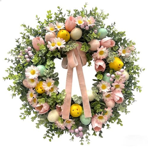 22 Inch Easter Wreath for Front Door with Easter Eggs, Eucalyptus Leaves, Daisies, Tulips, & Plush Chicks, Easter Spring Wreath with Velvet Ribbon Bow Decorations for Home