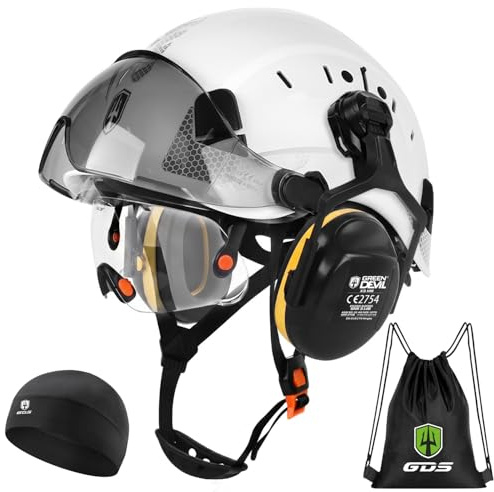 GREEN DEVIL Mervex skyddshjälm – skogshjälm med dubbla glasskyddsglasögon EN166 och ljuddämpare EN352 SNR32dB, EN397-certifierad, ABS-material unisex för trädgårdsarbete, träfällor och byggplats