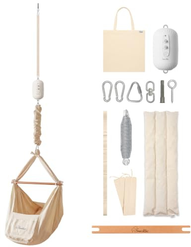Swollie Premium Federwiege mit Motor - für Babys ab Geburt bis 15 kg - Tempo und Timer übergangslos einstellbar - Bio-Baumwolle und Schafwollmatratze