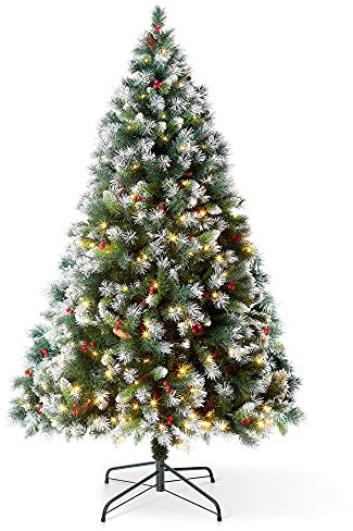 VeryMerry 6FT 'Claudia' Pre-Lit Christmas Tree with 300 Built-In Warm White LED Lights with Auto-Off Timer, 8 Lighting Modes, Decorative Pinecones and Berries