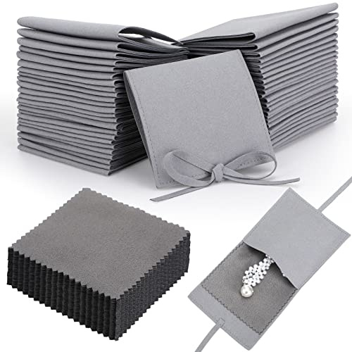Cunno 120 Pcs Microfiber Jewelry Pouch 8 x 8cm Jewelry Packaging Bag Gift Bow Tie Bracelet with Cleaning Cloth(Gray)