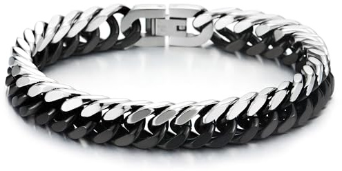 COOLSTEELANDBEYOND Herren Edelstahl Silber Schwarz Zweifarbig Panzerkette Armband, Poliert