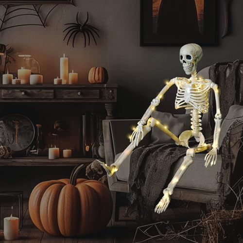 Halloween Skelett Deko mit LED Licht, Halloween Deko Skelett mit Ganzkörper Beweglichen Gelenken, 90 cm Ganzkörper Skelett Deko für Halloween Deko Innen, Garten, Spukhaus Requisiten, Party Deko (x 1)