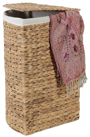 Casa Moro Skandi Boho Viona M IN710 Corner Laundry Basket 90 L with Lid, Hand-Woven Natural Seagrass Water Hyacinth, Including Washable Laundry Bag
