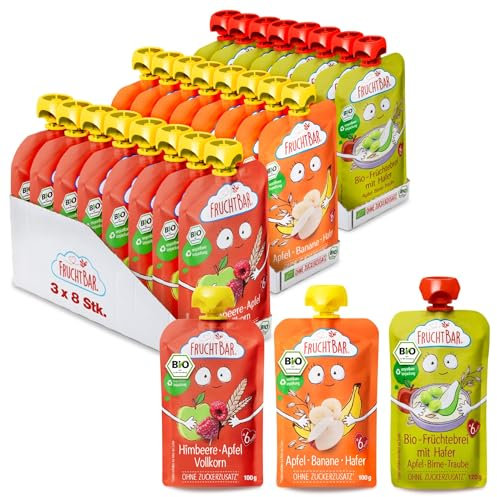 FruchtBar-Bio Quetschie, 24 Stk. Mix, 3 verschiedene Sorten, Fruchtpüree für Babys ab 6 Monaten & Kinder (Bio Quetschie Mix mit Getreide)