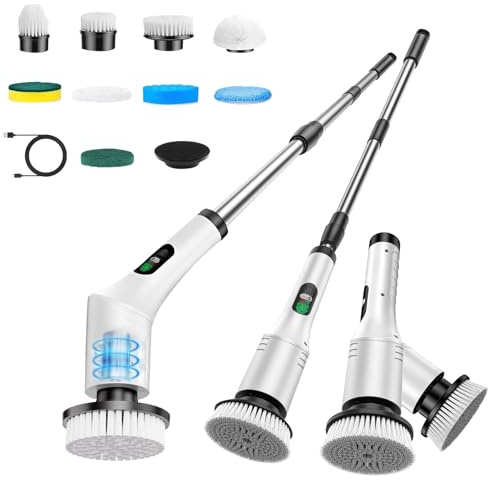 Anluomania Spazzola Rotante Pulizia Casa 9 in 1, Spazzola Elettrica per Pulizia, con 9 Testine Sostituibili, 2 Velocità di Rotazione e Manico Allungabile Regolabile, per Bagno Cucina Auto Wall, Floor