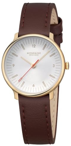 Mondaine Doppio 33 mm klocka – vintage berlock, minimalistisk design, benvit urtavla, dubbelkupolformad safirkristall, schweizisk kvarts, vegansk druva läderrem, vattentålig