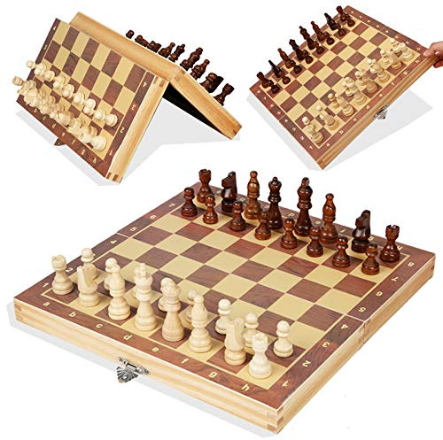 ME JO 2-in-1 Wooden Chess & Checkers Set with Magnetic Chess Board & Drawstring Storage Bag – Premium Foldable Chess Set for Adults | Classic Strategy Fun