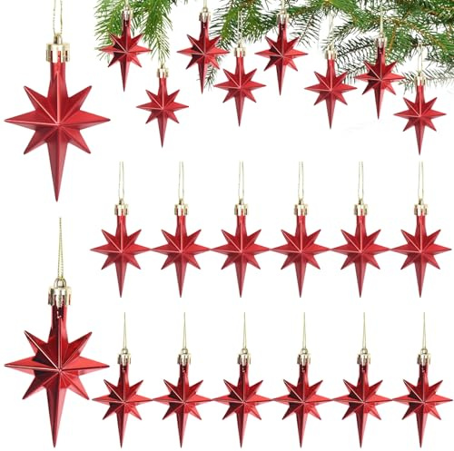 12 Stück Weihnachtsbaum Deko, Weihnachtsstern, Weihnachtsbaumschmuck Sterne, Christbaumschmuck Sterne Weihnachtsbaum, Baumschmuck Anhänger Tannenbaum, Christbaumanhänger für Weihnachtsdeko, Rot (Rot)