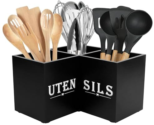 Kitchen Utensil Holder Organiser,Wooden Countertop Cooking Tool Caddy with 3 Compartments & Drainage Holes,Corner Cutlery Storage Rack for Spoons Forks Knives,Space Saving Farmhouse Worktop Stand