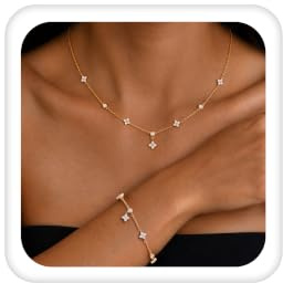 Milacolato Parure Bijoux Femme Or Réglable Bracelet Collier Femme Or Hypoallergéniques Bracelet Collier Trefle a 4 Feuille Nœud Zircone Cubique Mariage Ensemble de Bijoux pour Femmes Filles-AG