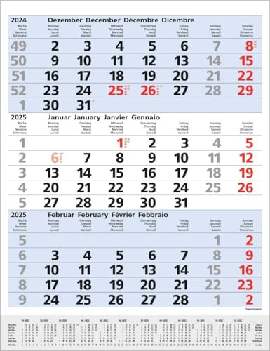 3-Monats-Planer Comfort Blau 2025: 3-Monatskalender groß I Wandplaner / Bürokalender mit Datumsschieber, Vor-und Nachmonat und Jahresübersicht I 30 x 39 cm