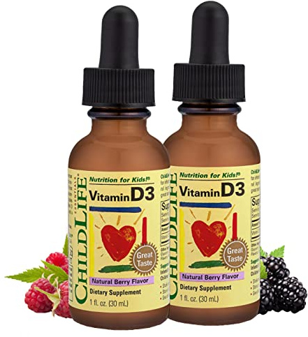 CHILDLIFE Essentials Vitamin D3 Drops for Kids, Children, & Toddlers - Liquid Vitamin D Drops, 500 IU per Drop, Immune & Bone Health Support, Natural Berry - 1 Fl Oz (Pack of 2)