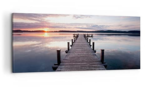 Bilder auf Leinwand 100x40cm Leinwandbild Fußgängerbrücke See Sonnenuntergang Abend Groß Wanddeko Bild Schlafzimmer Wandbilder Dekoration Wohnzimmer Wall Decor Canvas Wand Kunstdruck Art AB100x40-2635