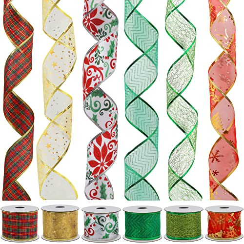 Weihnachts Geschenkbänder(6 Stück)5,48m Karierte, Funkelnde, Dekorative, Glitzer-, Tüll-, Organza Weihnachtsbaum Geschenkbänder, Geschenkverpackung, DIY, Schleifen, Party-Dekoration (6cm breit)