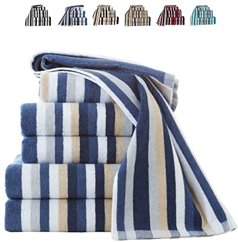 TheWhiteWater – 100% Natural Cotton BATH SHEET (Blue – 140 x 90 cm) – 6 Threads Combed Stripe – Royal Victorian Flossy Stripe Salon Design – 550 GSM – Gym or Home use (1 x Bath Sheet, Blue)
