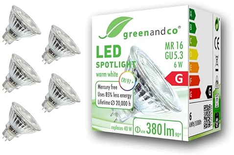 5x Spot a LED greenandco® IRC 97+ 2700K 36° GU5.3 MR16 6W (equivalente spot alogeni 40W) 380lm (bianco caldo) SMD LED 12V AC/DC vetro, non dimmerabile