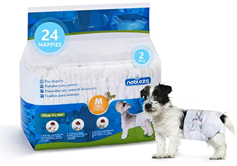Nobleza 24x Pañales para Perros Desechables Hembra Cachorro Entrenamiento Pañales Súper Absorbente Envolturas para Mascotas Paquete de 24 Cintura 25-45CM ，M