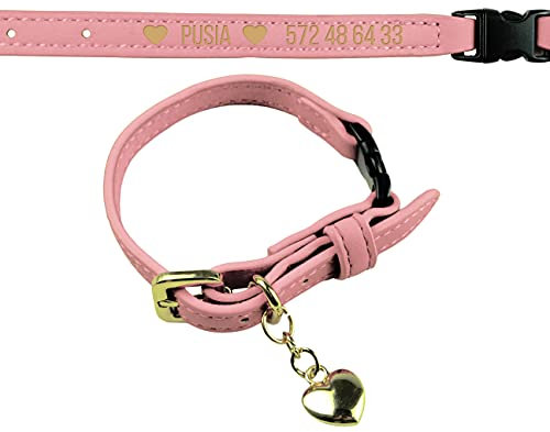 Personalisierbares Katzenhalsband | Safety Click Eco Leder Gold Zubehör | Halsband für Katze Telefon Name | Das Sicherste Und Schönste Kragen (Rosa)