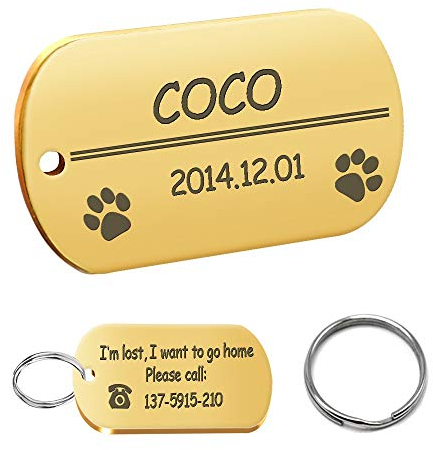 LIANYG Hundemarke 2 stücke personalisierte Dog id Tag Edelstahl maßgeschneiderte Dog Tags gravierte Haustiername Geburtstag Telefonnummer und Geschlecht mit Ring 641 (Color : Yellow, Size : L)