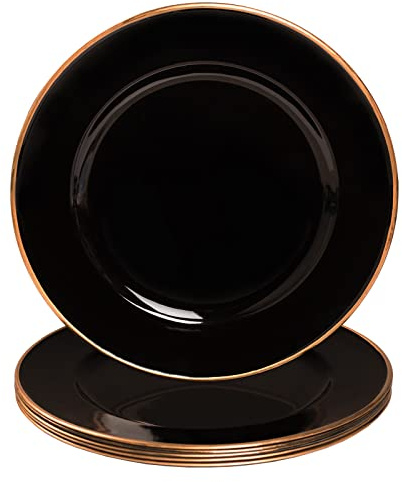 MAONAME 13 Black Charger Plates, Round, Gold Rim, Plastic, Formal, Reusable, Wedding, Dessert, Thanksgiving, Christmas