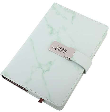 Qcwwy Note Book,A5 Retro PU Leather Cover Password Lock Notepad Diary Book Office Supplies with Lock for Home School Business Writing Note Taking (Green-Marble Code Book)