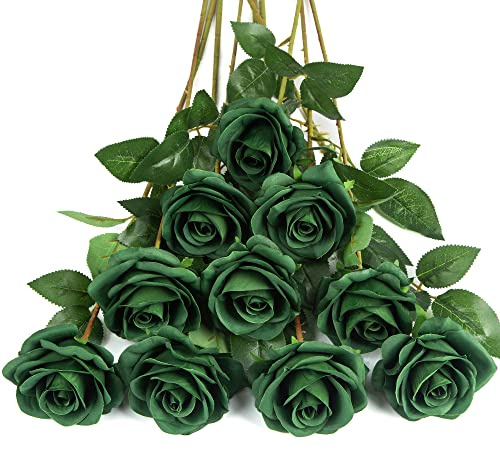 DuHouse 10 rose finte fiori di seta artificiali fiori di rosa finto fiore lunghi steli bouquet per organizzare matrimoni centrotavola festa casa decorazione cucina (verde scuro)