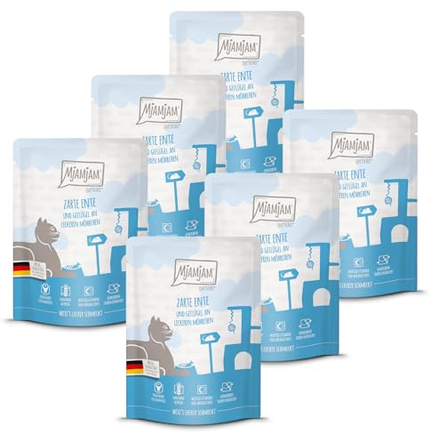 MjAMjAM - nourriture humide premium pour chats - Quetschie - tendre canard & volaille avec de délicieuses carottes, pack de 6 (6 x 300 g), sans céréales avec supplément de viande