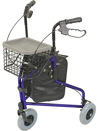 Aidapt Blue Folding Light Weight Aluminium 3 Wheeled Tri Walker Rollator Mobility Aid with Carry Bag, Basket, Tray and Lockable Brakes for Indoor and Outdoor use.