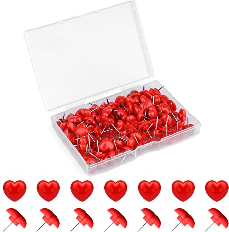 100st Trycknålar, 12mm Plast Tryckstift med Spets av Rostfritt Stål Hjärtformade Dekorativa Tumstift Häftstift Push Pins för Vägg Korkbräda Anslagstavla (Röd)