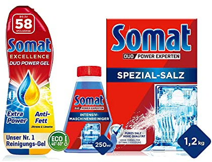 Somat Excellence Duo Power Gel Zitrone, Limette 58 WL & Intensiv-Maschinenreiniger, flüssig zur Tiefenreinigung, Entkalkungsfunktion, 250 ml (1er Pack) & Somat Spezial Salz 1,2Kg