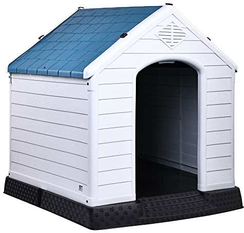 Elevon Hundehütte aus Kunststoff, isoliert, wasserabweisend, einfache Montage, stabile Hundehütte mit erhöhtem Boden und Lüftungsschlitzen, belüftet für kleine bis große Hunde (73,7 cm, Blau)
