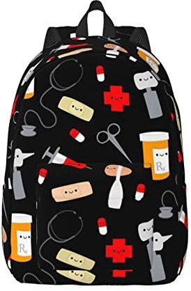 KoNsev Laptop-Rucksack mit Cartoon-Medizin-Muster, Reiserucksack, Arzttasche, schwarz, Rucksack, stilvoll, leicht und funktional, Schwarz , S