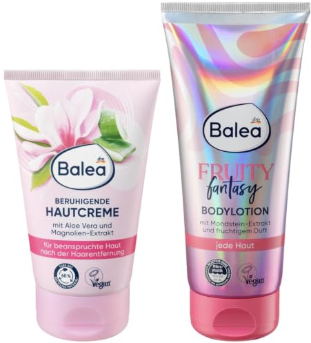 Balea Beruhigende Hautcreme Aloe Vera, 125ml + Lotion Fruity Fantasy, 200ml | 2er-Set Hautpflege: Feuchtigkeits-Creme entspannt beanspruchte Haut nach Haarentfernung + Bodylotion mit fruchtigem Duft