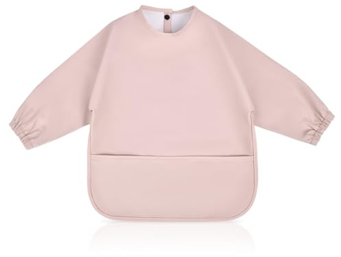 Vicloon Bavaglini per lo svezzamento dei bambini, in poliuretano, con maniche lunghe e grandi tasche, impermeabili, facili da pulire, adatti per bambini da 6 mesi a 12 mesi, rosa