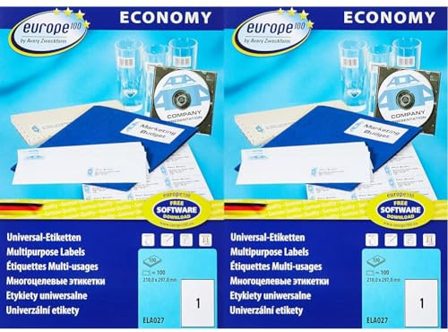 europe100 ELA027 Universal Etiketten (100 Klebeetiketten, Format 210x297mm auf DIN A4, selbstklebende Versandetiketten, bedruckbare Versandaufkleber, 3478) 100 Blatt, weiß (Packung mit 2)
