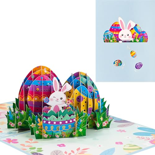 Pop-Up Karte Ostern,3D Ostereier und Osterhase Karte mit Umschlag,Farbe Osterkarte für Kinder