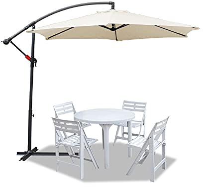 Eulenke Sonnenschirm mit Ständer 300 cm, Ampelschirm mit Kurbel, 6 Stahlverstrebungen, Neigungswinkel und Höhe verstellbar, UV-Schutz Gartenschirm für Balkon Garten Terrasse Strand, Creme