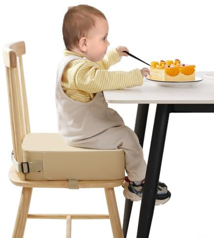 TOTIDYH SitzerhöHung Stuhl Kind PU Waschbar Zerlegbar 10cm SitzerhöHung Sitzkissen Kinder mit 2 Sicherheitsschnalle Gurt Tragbare KindersitzerhöHung Rutschfeste StuhlerhöHung Kinder (Khakifarbe)