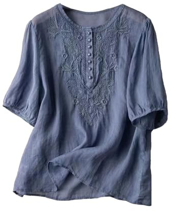 Camicetta da donna in stile etnico vintage ricamato, in cotone e lino, casual, scollo rotondo, maniche corte, camicie larghe, Blu mare, XXL