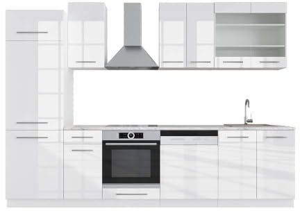 Vicco Küchenzeile Fame-Line, Weiß Hochglanz/Weiß, 300 cm | 8 Module · Höhenverstellbare Füße · AP Marmor inkl. · MDF-Fronten · Softclose · Metallgriffe