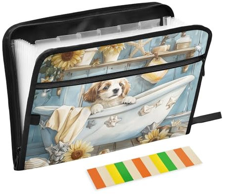 Dokumentenmappe mit süßem Welpe in der Badewanne, Sonnenblumen, erweiterbar, 13 Taschen, A4, Briefform, mit Taschen mit Reißverschluss, Akkordeon-Dokumentenmappe, erweiterbar für Arzt, Bürobedarf